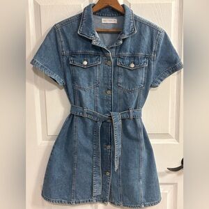 Zara Girls Denim Shirt Dress Belted Button Front Short Sleeve Size 13-14 NWOT